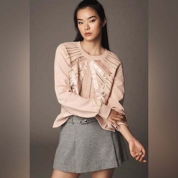 Anthropologie Sweaters - Anthropologie Beaded Bow Dusty Blush Sweater